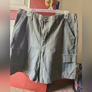 Intentionally faded charcoal gray men's cargo shorts.